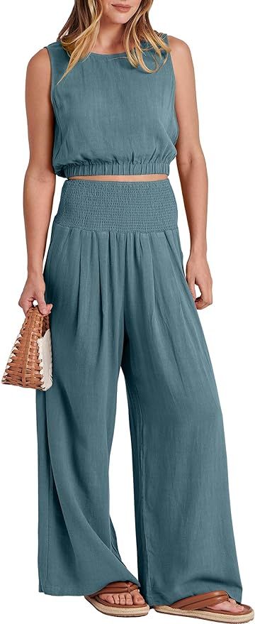 ANRABESS Women's 2 Piece Linen Lounge Set Casual Matching Pants Jumpsuit Summer Beach Travel Vaca... | Amazon (US)