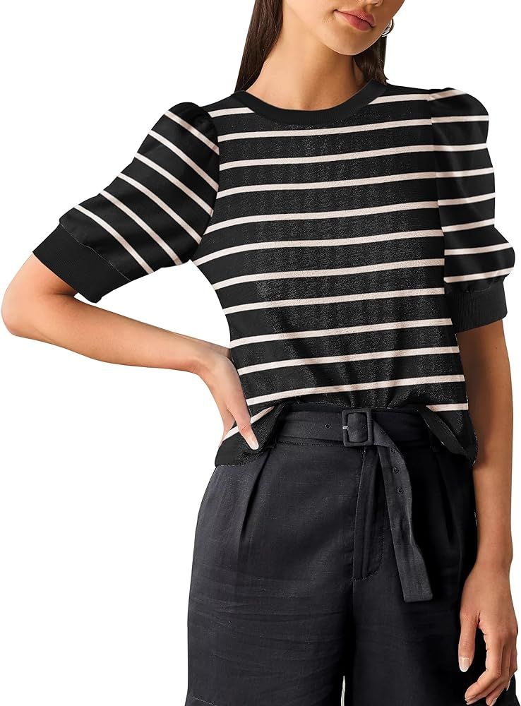 Women's 2024 Trendy Short Puff Sleeve Knit Tops Casual Crew Neck Stripe T-Shirts Summer Blouses | Amazon (US)
