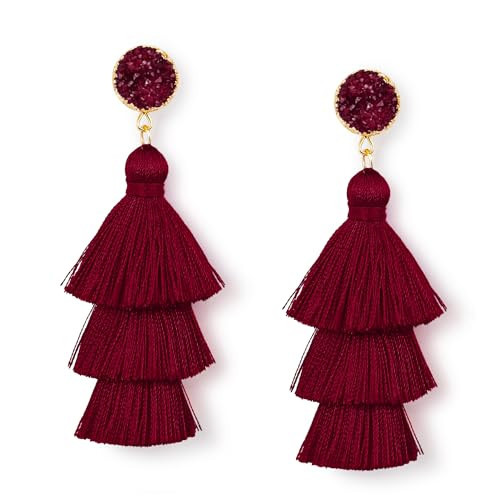 Me&Hz Burgundy Earrings Wine Red Tassel Earrings Boho Tassel Dangle Drop Earring for Women Statement Layered Fringe Long Dark Red Earring for Christmas Xmas Jewelry Gift | Amazon (US)