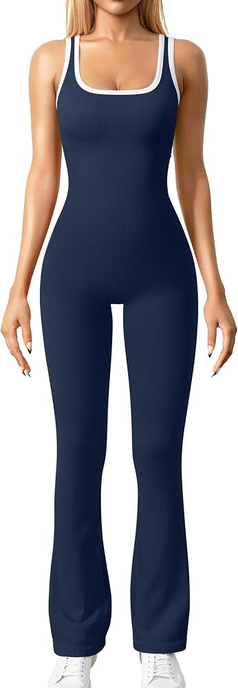OQQ Women Jumpsuits Sleeveless Square Neck Stretch Contrast Workout Active Flared Bottoms Tank Ju... | Amazon (US)