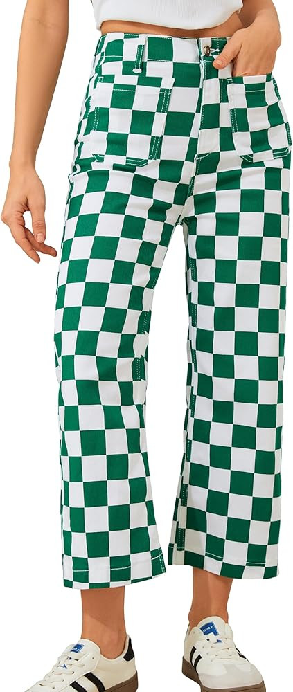 Cropped Jeans for Women Checkered Pants Casual High Waisted Stretchy Straight Leg Trousers with P... | Amazon (US)