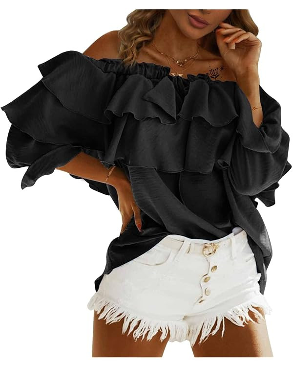 Byinns Women's Off Shoulder Ruffle Long Sleeve Blouses Casual Layered Tops | Amazon (US)