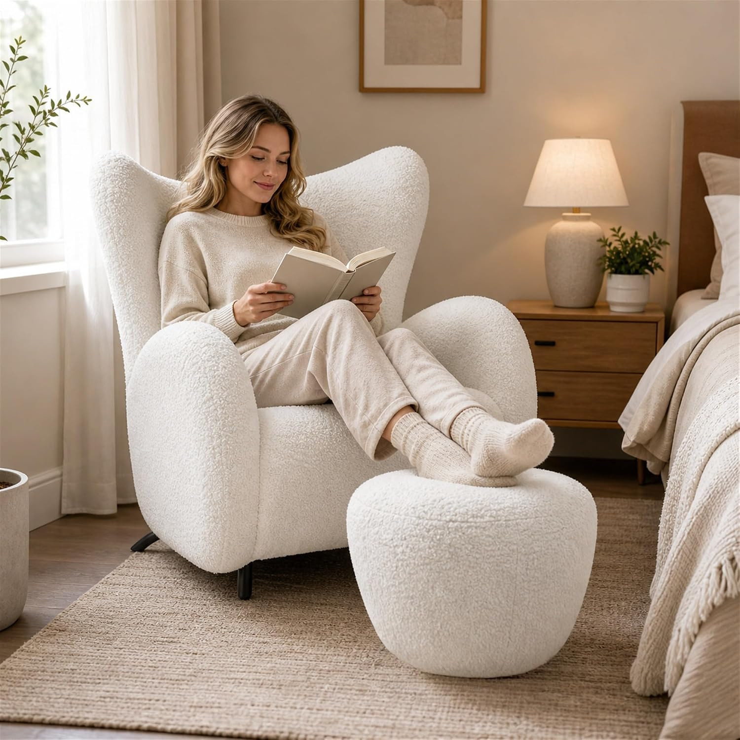 Teddy Fabric Wingback Accent Chair with Ottoman, Armchair (White) | Amazon (US)