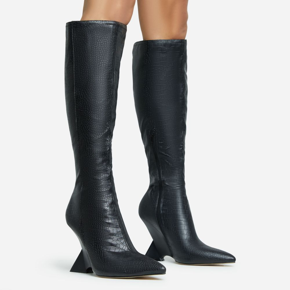 Power-Nap Pointed Toe Statement Cut Out Wedge Knee High Long Boot In Black Croc Print Faux Leathe... | EGO (UK)