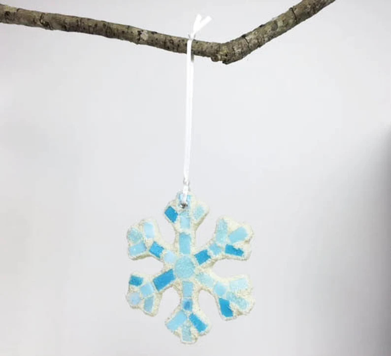 Mosaic Snowflake Ornament Glass Microbeads Light Blue White Snow Winter holiday home decor deck t... | Etsy (Global)