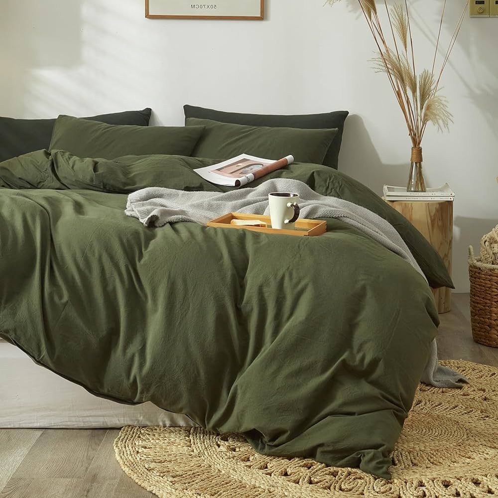 mixinni Army Green Duvet Cover King Size100% Natural Washed Cotton3 Pieces Bedding Duvet Cover Se... | Amazon (US)