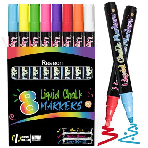 Reaeon Chalk Markers, Vibrant Color Liquid Chalk Pens, for Chalkboard, Blackboard, Window, Glass, Mirror, Water-Based, Non-Toxic, 6mm Reversible Tip, 8 Pack | Amazon (US)