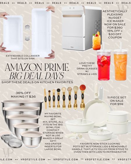 Amazon big deal days sale find on amazon aesthetically pleasing kitchen favorites like this nugget ice maker, gold measuring spoon set, mixing bowl set, cream carote nonstick non toxic cooking set, smoothie glasses with lids and straws 

#LTKsalealert #LTKhome #LTKxPrime