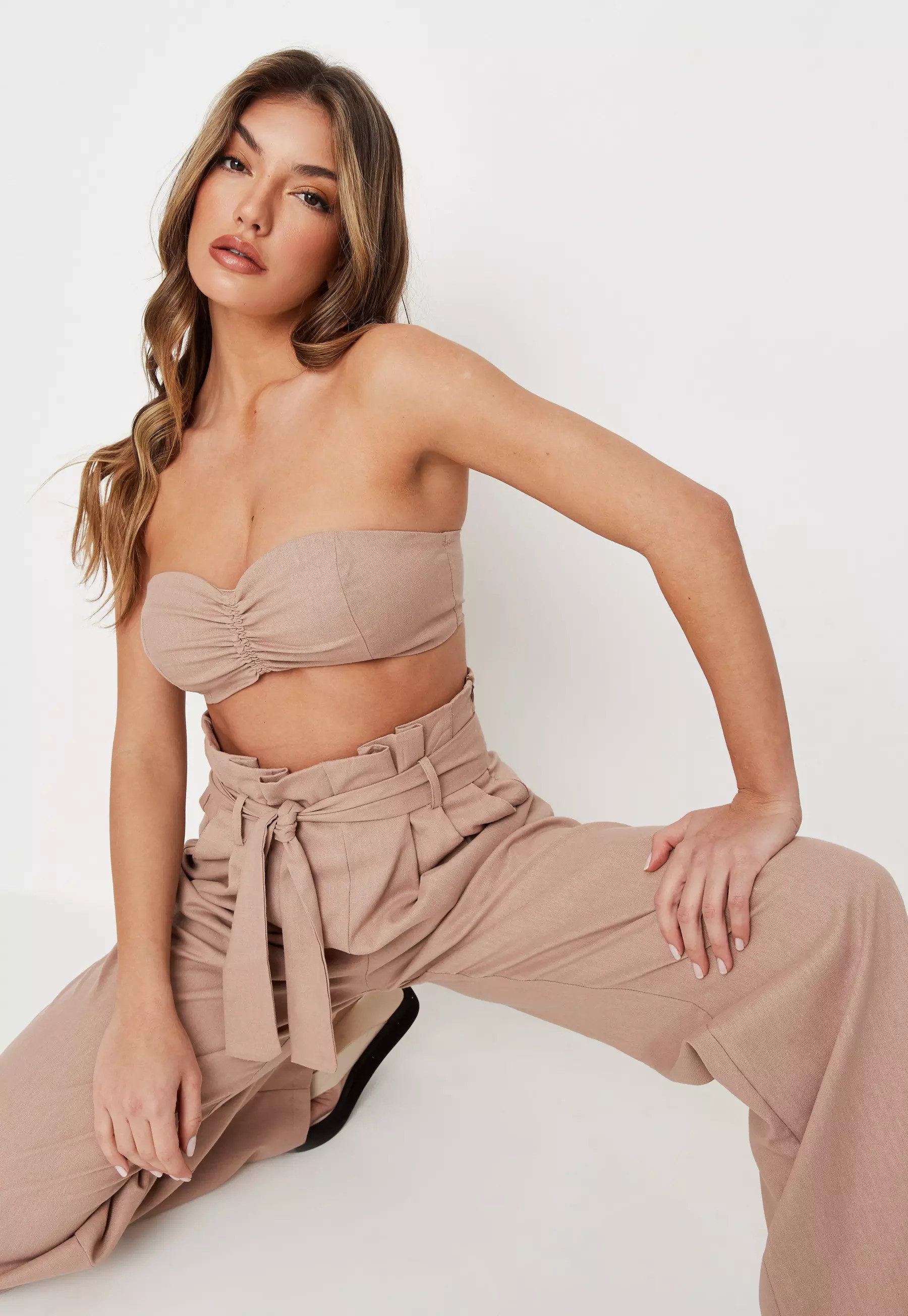 Missguided - Stone Co Ord Linen Look Bandeau Crop Top | Missguided (UK & IE)