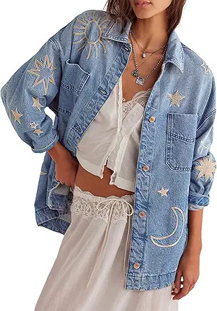 utcoco Women's Vintage Oversized Denim Jacket Embroidered Graphic Casual Loose Fit Button Down Je... | Amazon (US)