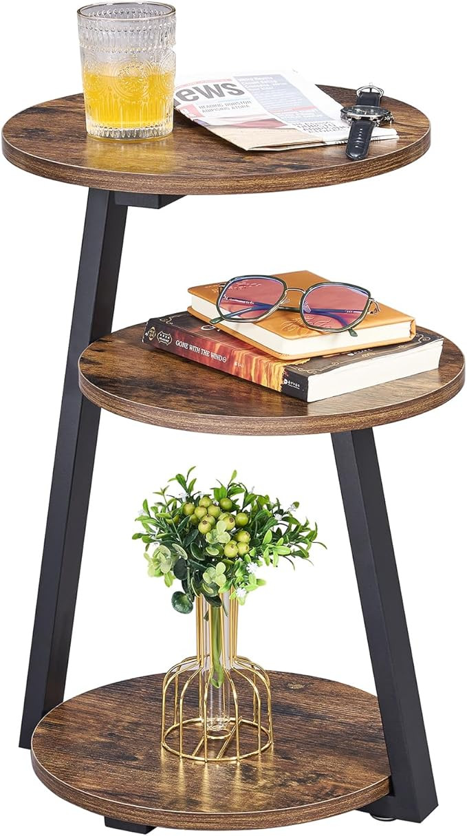BEWISHOME Round Side Table, 3-Tier End Table, Nightstand with Metal Frame, Vintage Accent Table f... | Amazon (US)