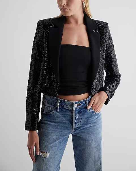 Sequin Solid Lapel Cropped Blazer | Express