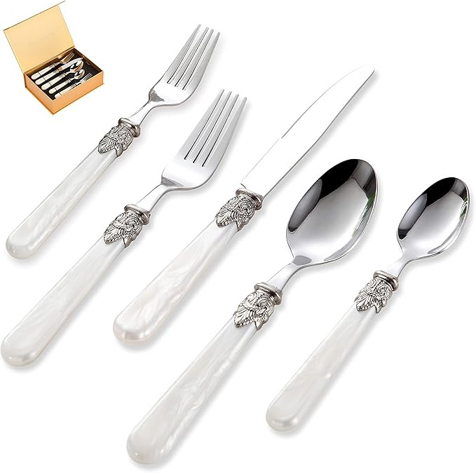 20 pieces Stainless Steel Vintage Flatware Sets With White Hanld,Silverware Set For 4,Dishware Sa... | Amazon (US)