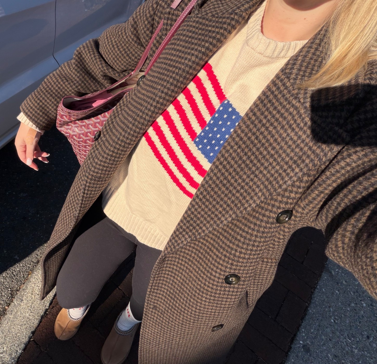 Mango jacket 
Ugg’s 
American flag sweater 

#LTKmomlife #LTKootd