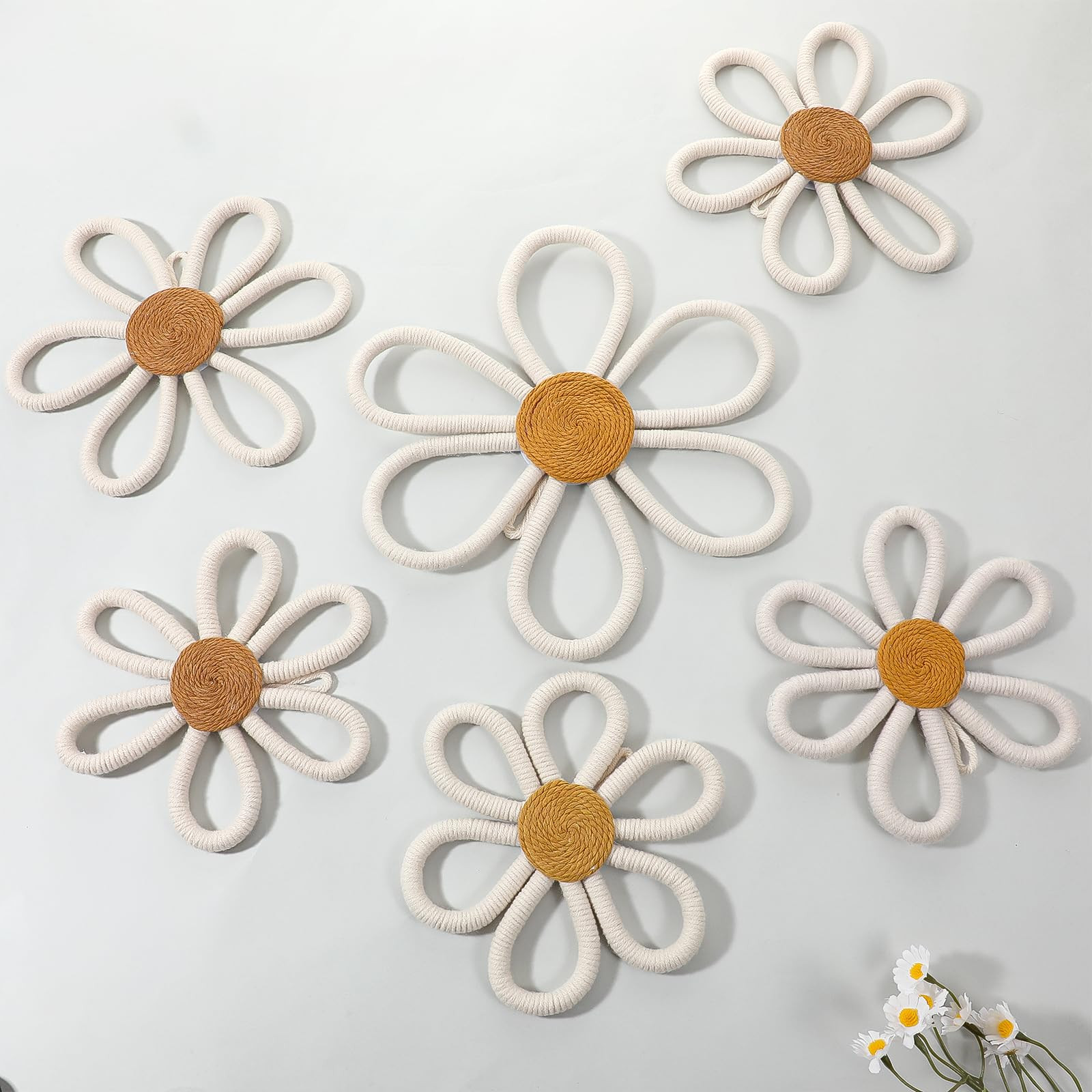 Oqqlin 6 Pcs Boho Wall Decor, Woven Flowers Daisy Decor 3 Sizes Cotton Rope Macrame Floral Wall Hanging for Nursery, Bedroom, Bohemian Decorations (Beige) | Amazon (US)
