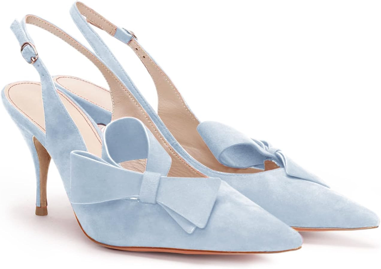 PiePieBuy Womens Pointed Toe Slingback Pumps Mid Heel Bow Stilettos Sandals Faux Suede Wedding Pa... | Amazon (US)
