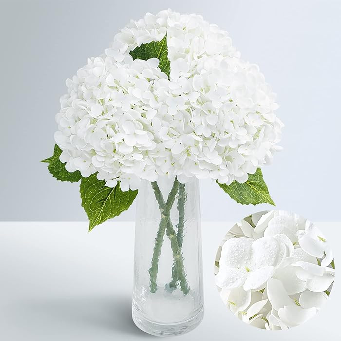 21" Real Touch White Hydrangea Artificial Flowers with Long Stem & Leaves, Full Latex Faux Hydrangea Flowers for Home Decor Party Floral Arrangements Wedding Bouquets Centerpieces, 3Pcs | Amazon (US)