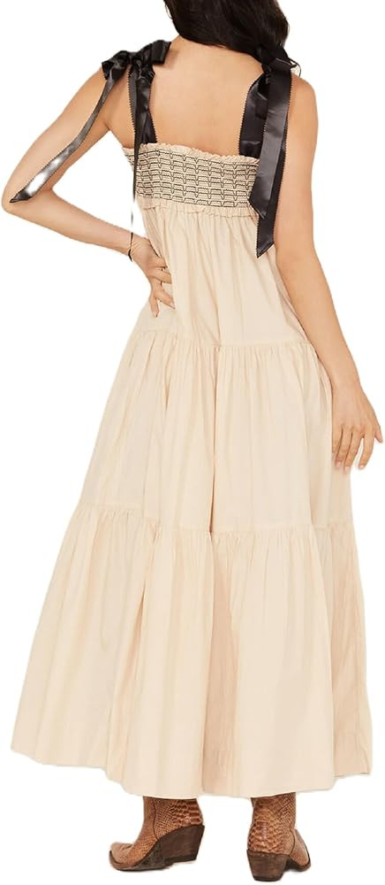 Women Summer Maxi Dress Floral Smocked Shirred Long Dress Boho Sleeveless Tie Shoulder Sundress | Amazon (US)