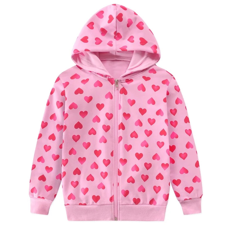 POPTEM Toddler Girls Valentines Day Sweatshirts Heart Print Hoodie Zip-up Jacket Pink 2T | Walmart (US)