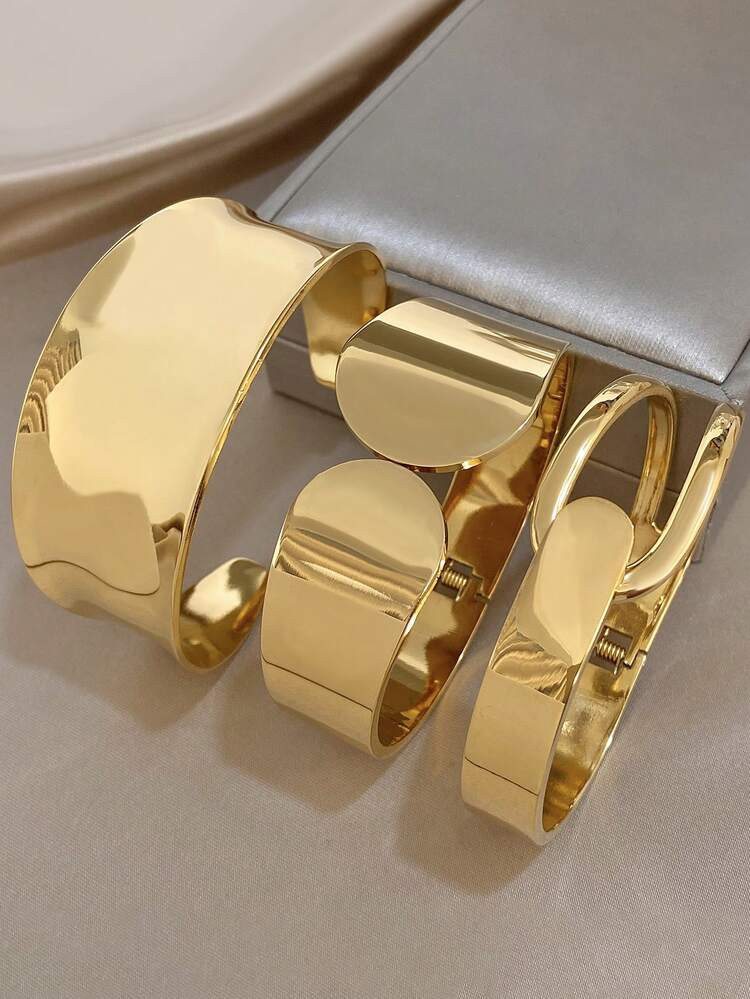 Geometric Wide Bangle Bracelets Sets For Women Stainless Steel Chunky Golden Bangle Bracelet For ... | SHEIN