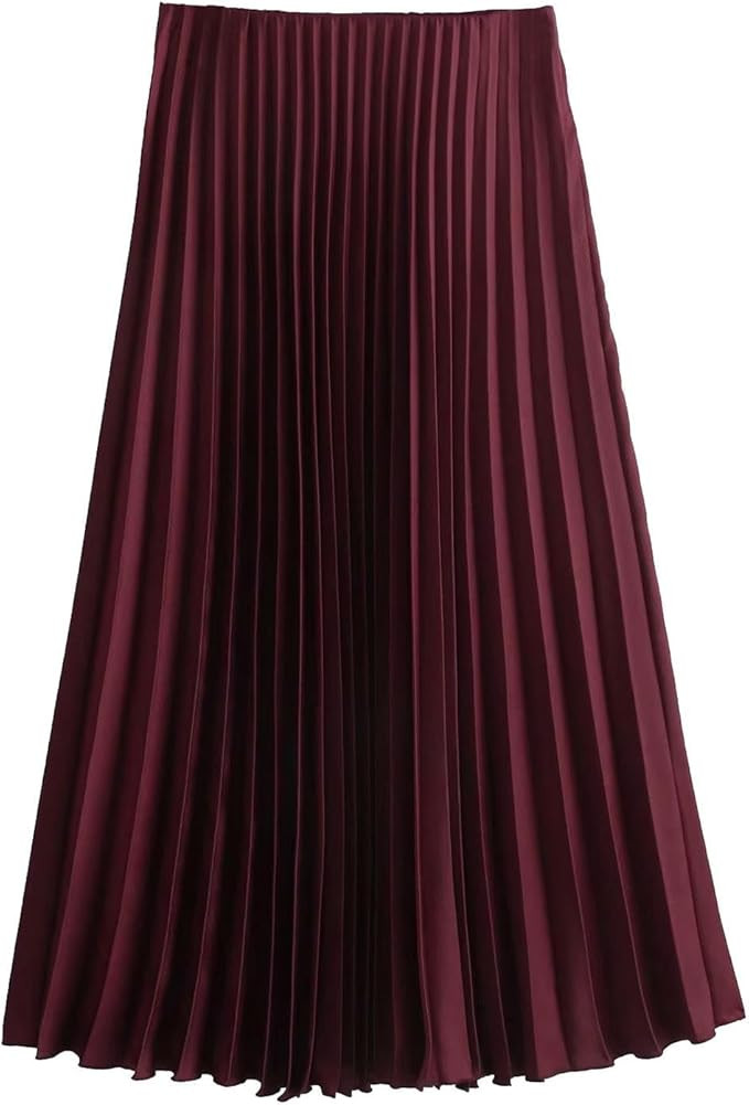 Women's Silk Satin Casual Pleated Skirt-Burgundy-M | Amazon (US)