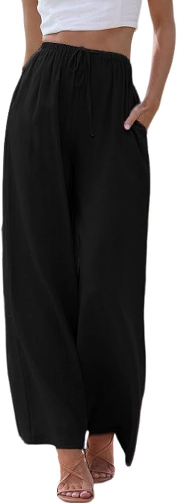 Tanming Wide Leg Linen Pants for Women Summer Flowy High Waisted Beach Palazzo Trousers | Amazon (US)