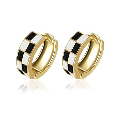 Chic Checker Small Hoop Cartilage Earrings Teacher Earrings for Women；White Black Enamel Hypoal... | Amazon (US)