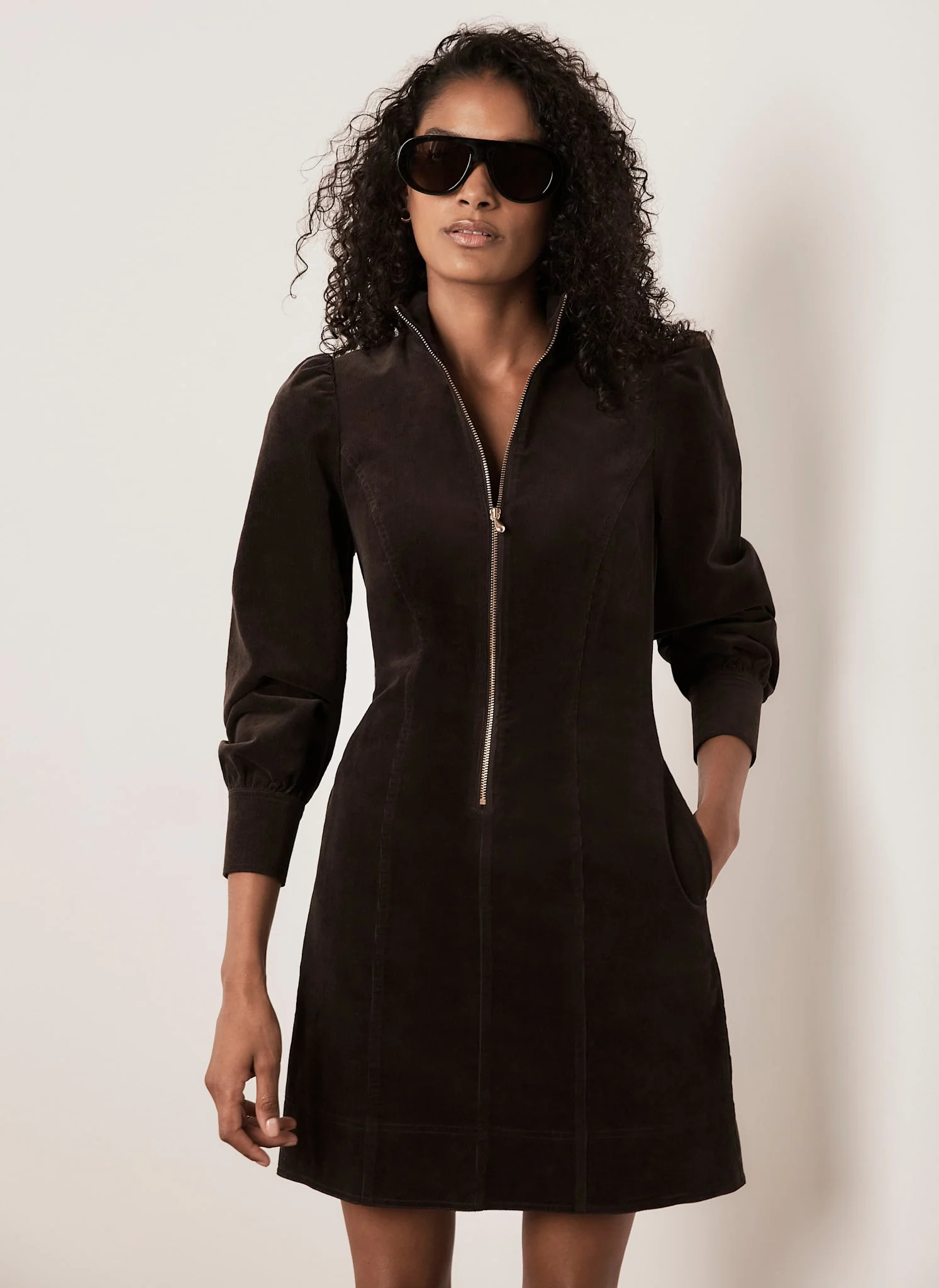 Brown Corduroy Zip Mini Dress | Mint Velvet - UK