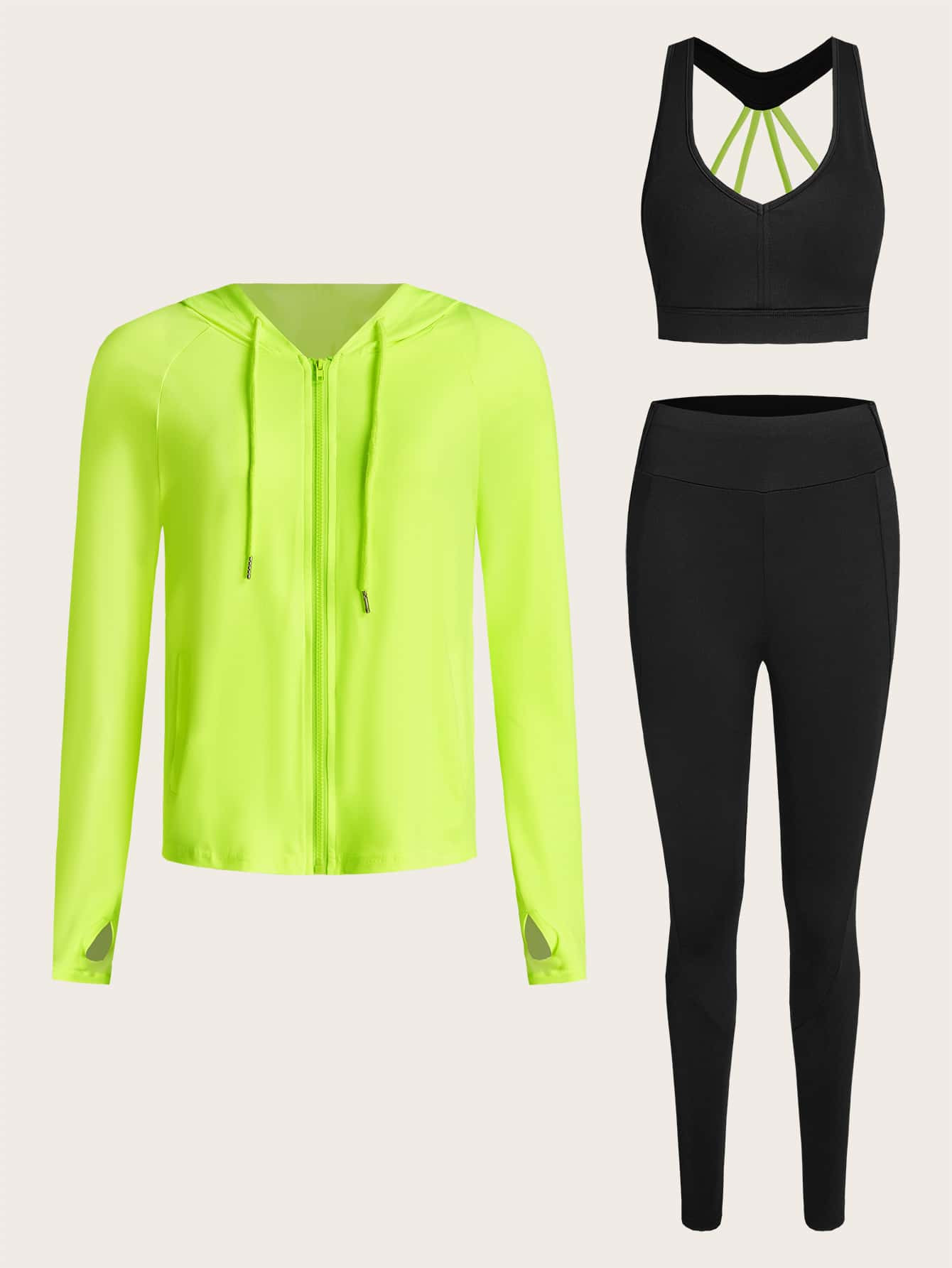 3pcs Colorblock Running Set Workout Suit Thumb Holes Jacket & Criss Cross Bra & Leggings | SHEIN