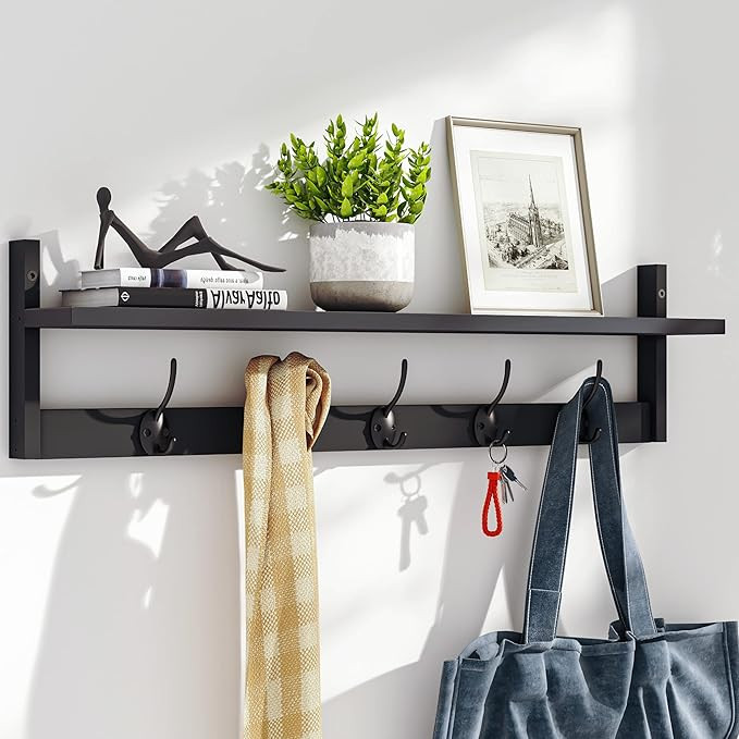 BAMEOS Wall-Mounted Shelf with Hooks - 28.9 Inch Entryway Hanging Shelf with 5 Dual Hooks for Bat... | Amazon (US)