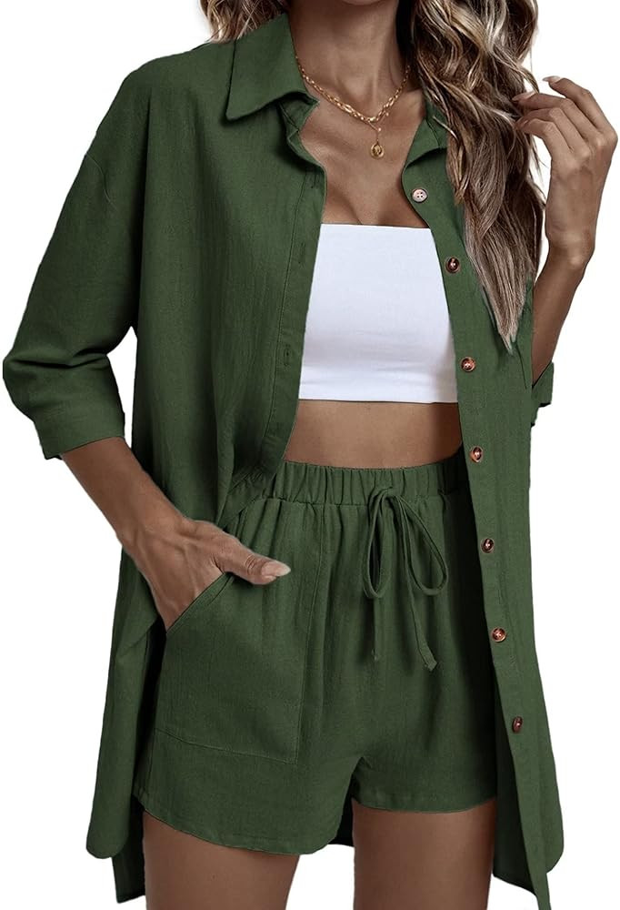ELESOL Women 2 Piece Outfit Sets Cotton Linen Button Down Shirt and Shorts Lounge Tracksuit Sets | Amazon (US)