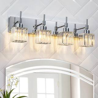 Orillia 26.4 in. 4-Light Chrome Crystal Bathroom Vanity Light with Shades for Bathroom Powder Room Kitchen | The Home Depot