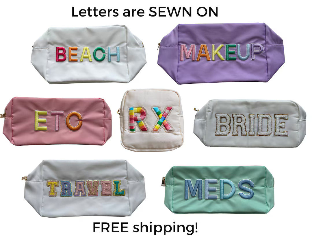 SEWN ON letters Nylon bag make up pouch cosmetic bag - bag for patches - bridesmaids gift - perso... | Etsy (US)