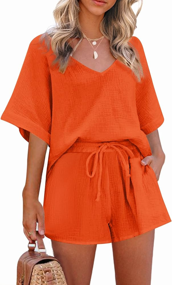 Zeagoo Women's 2 Piece Cotton Linen Tracksuit Short Sleeve Casual Shorts Set V Neck Beach Outfits | Amazon (US)