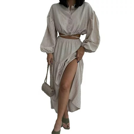 Women Skirt Set Long Sleeve Tie-up Crop Top with Pleated Long Slit Skirt Fall Outfit | Walmart (US)