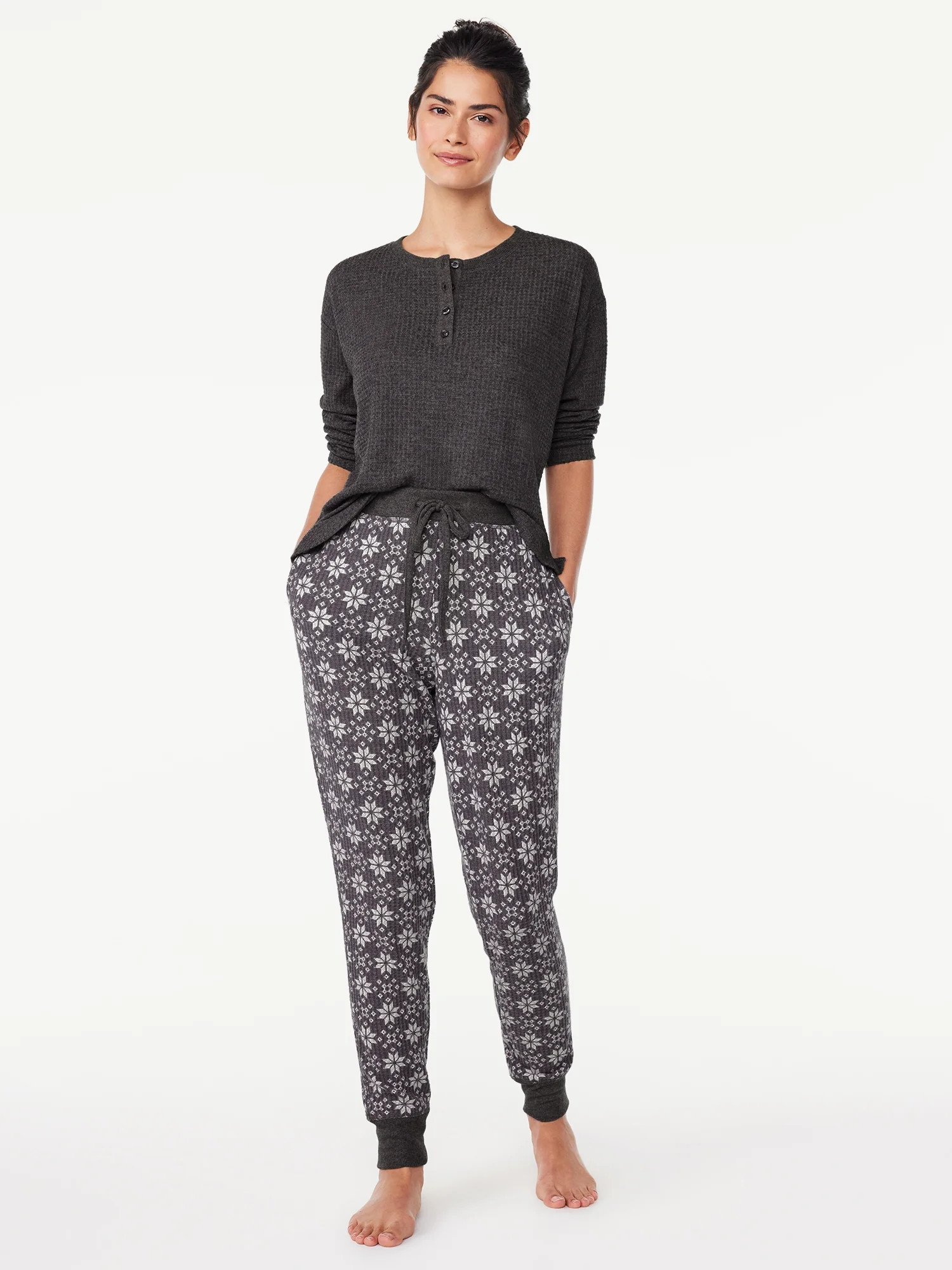 Joyspun Women's Waffle Hacci Knit Henley Top and Joggers Pajama Set, 2-Piece, Sizes S to 3X | Walmart (US)