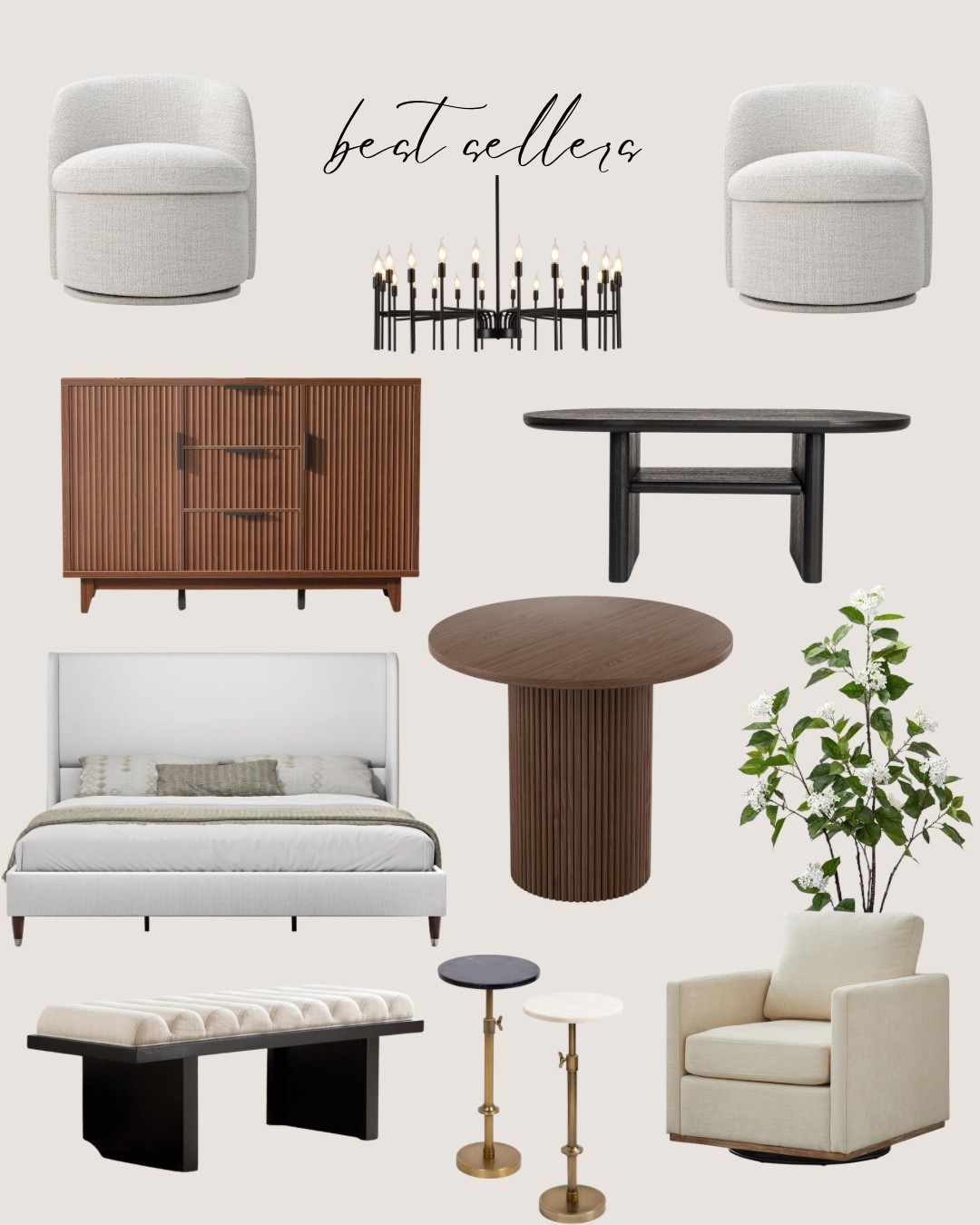 Amazon best seller:
White bed, black bench, beige accent chairs, black side table, white side table, black coffee table, dark wood side board, black chandelier, white accent chairs, decor plant

#LTKSaleAlert #LTKHome