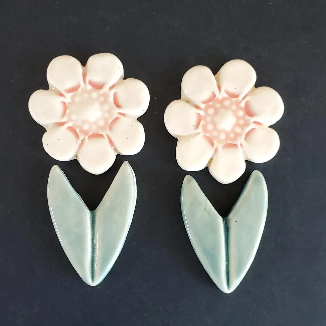 White Flower Bloom and Leaves Ceramic Mosaic Tile Set, Handmade Stamped Porcelain Tiles for Mosai... | Etsy (US)