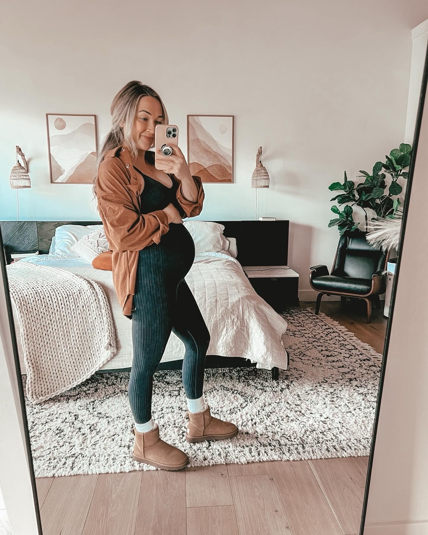 the BEST pregnancy leggings! 🤩🤰🏼 ok technically these aren’t even maternity and that’s what makes them so AMAZING! I wore this same set pre-pregnancy and haven’t even needed to size up yet! It’s been perfect for my growing baby bump. I’m half way through my pregnancy. I might get a size up for third trimester because I love them so much but I might not even have to get a size up! 
They are like magic. Somehow they are SO STRETCHY yet they don’t slip or slide. They don’t have a seam along the waistband making it lay flat and they are super high rise. The matching sports bra also has a longer band so when worn together, it looks like a super cute jumpsuit onsie! Ah I’m so obsessed with this set 🤩🙌 these are from my Zyia shop which can’t be directly linked here but the name and website are listed below! 

Outfit details ⤵️
-Charcoal Seamless Esker Leggings & Longline Bra
-Burnt Umber Whitney Jacket