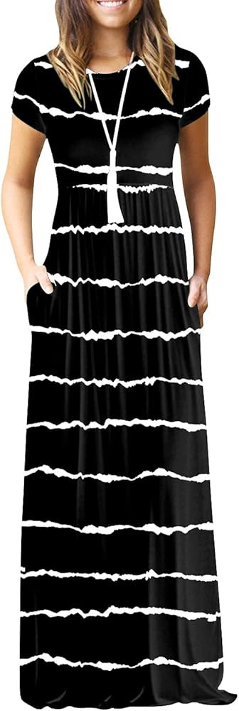 EUOVMY Women's Short Sleeve Loose Plain Maxi Dresses Casual Long Dresses with Pockets | Amazon (US)