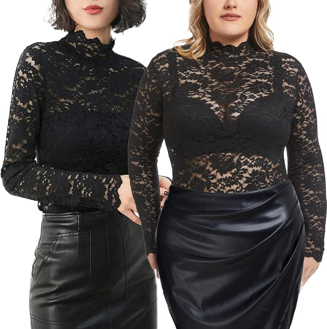 QiuDumo Women 2 Set Plus Size Floral Lace Shirt Eyelash Trim Sexy Long Sleeves Casual Dressy Top ... | Amazon (US)