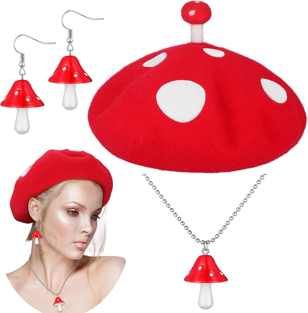 3 Pcs Halloween Mushroom Costume Set, Mushroom Hat, Mushroom Beret, Cute Mushroom Dangling Earrin... | Amazon (US)