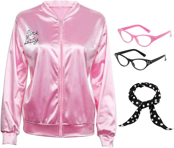 50S Pink Satin Costume Jacket with Polka Dot Scarf Cat Eye Glasses Women Girls | Amazon (US)