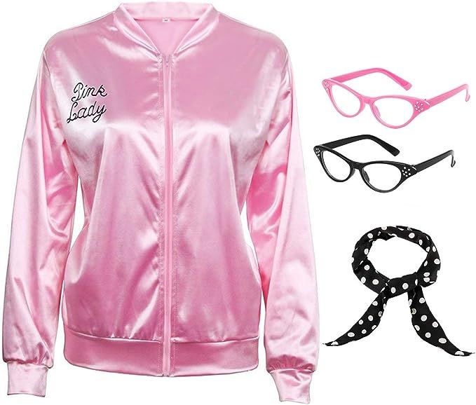 50S Pink Satin Costume Jacket with Polka Dot Scarf Cat Eye Glasses Women Girls | Amazon (US)