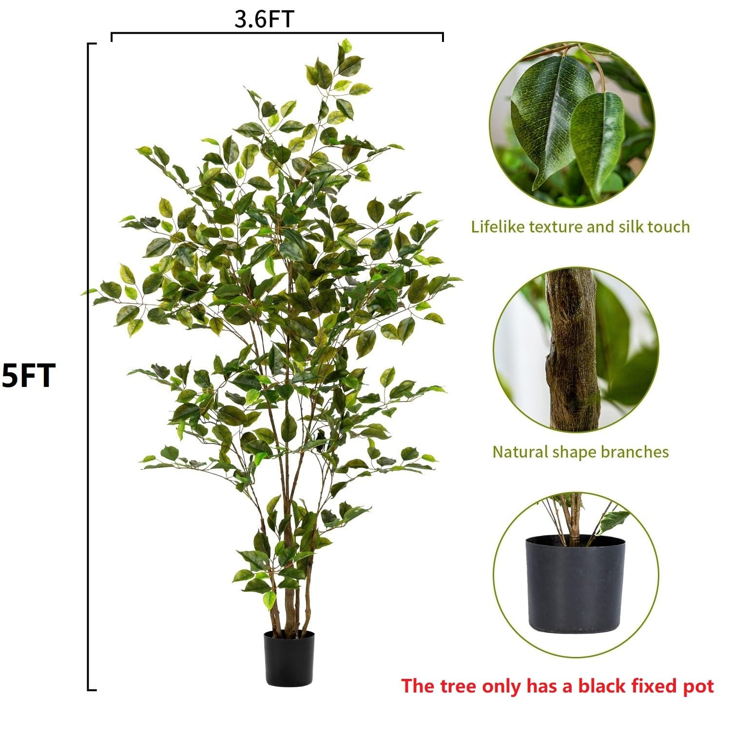 Bailikang Artificial Ficus Tree Indoor 5ft, Large Potted Faux Tree with Realistic Silk Leaves & T... | Amazon (US)