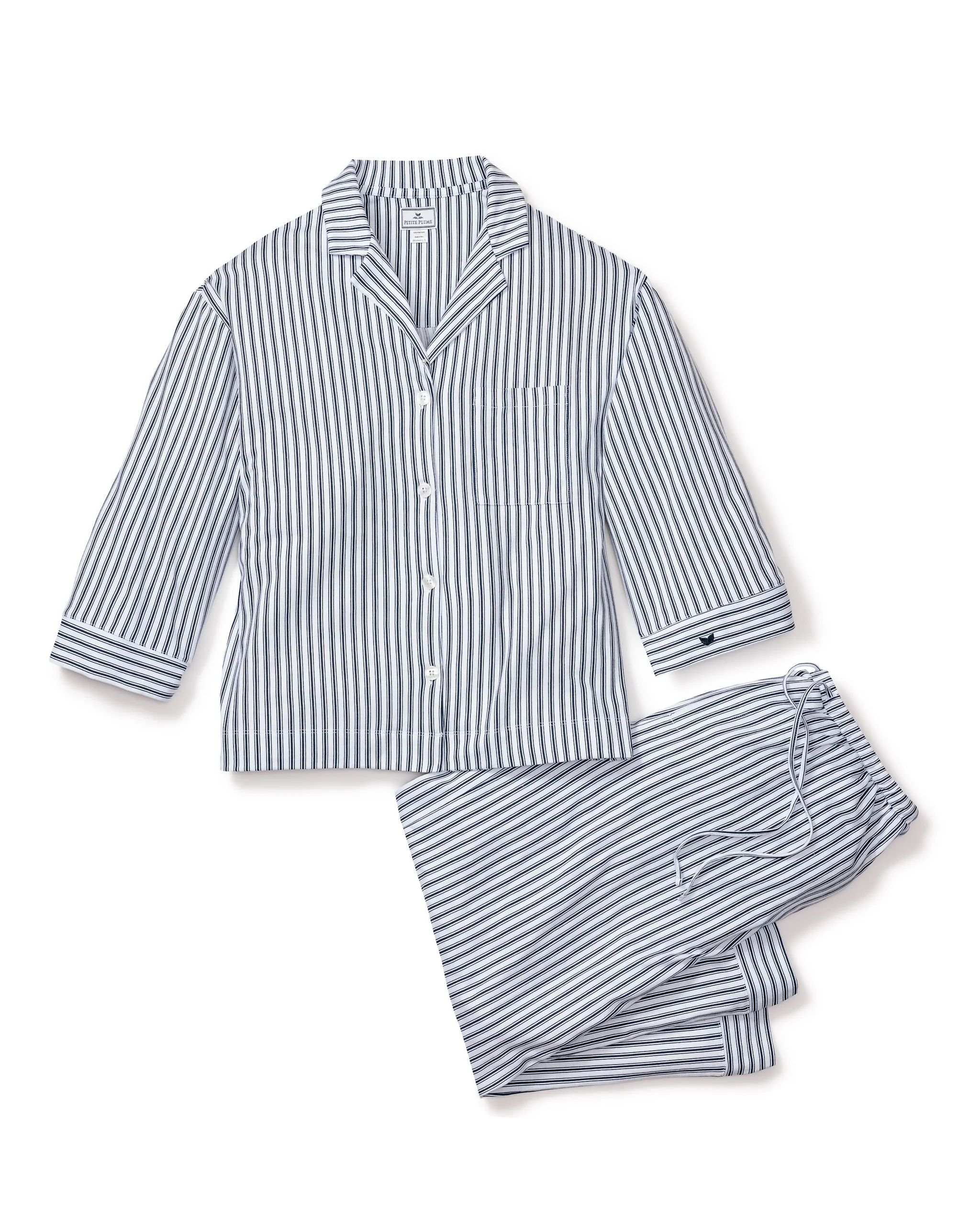 The Olivia Wide Leg Pima Pajama Set in Navy French Ticking | Petite Plume