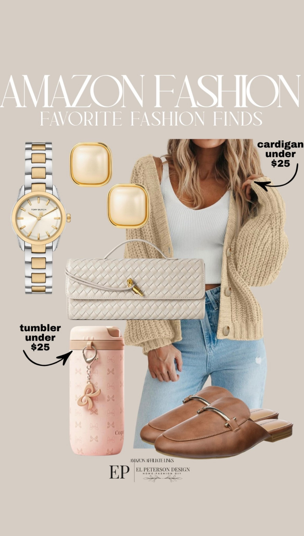 Amazon Fashion
Cardigan
Jeans
Water tumbler
Watch
Earrings
Purse
Mules 