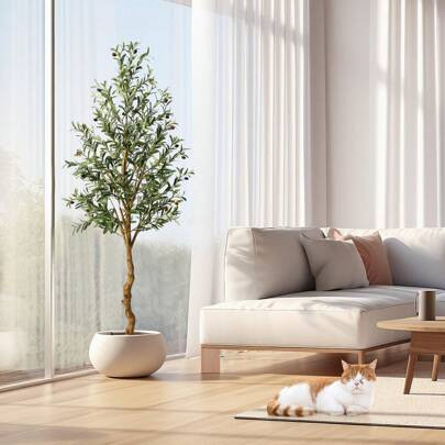 Artificial Olive Tree 6FT(72in) Faux Olive Silk Trees With Backet For Home Office, Fake Potted Tree With Seagrass Basket And Lifelike Fruits | SHEIN