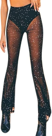 Women's Rave Sheer Mesh Sparkly Pants Bell Bottom Rave Outfit Clothes for Festival Dance Clubwear | Amazon (US)