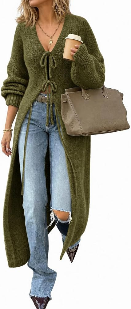 Saodimallsu Womens Bow Tie Front Long Cardigans Fall Sweater Dress | Amazon (US)